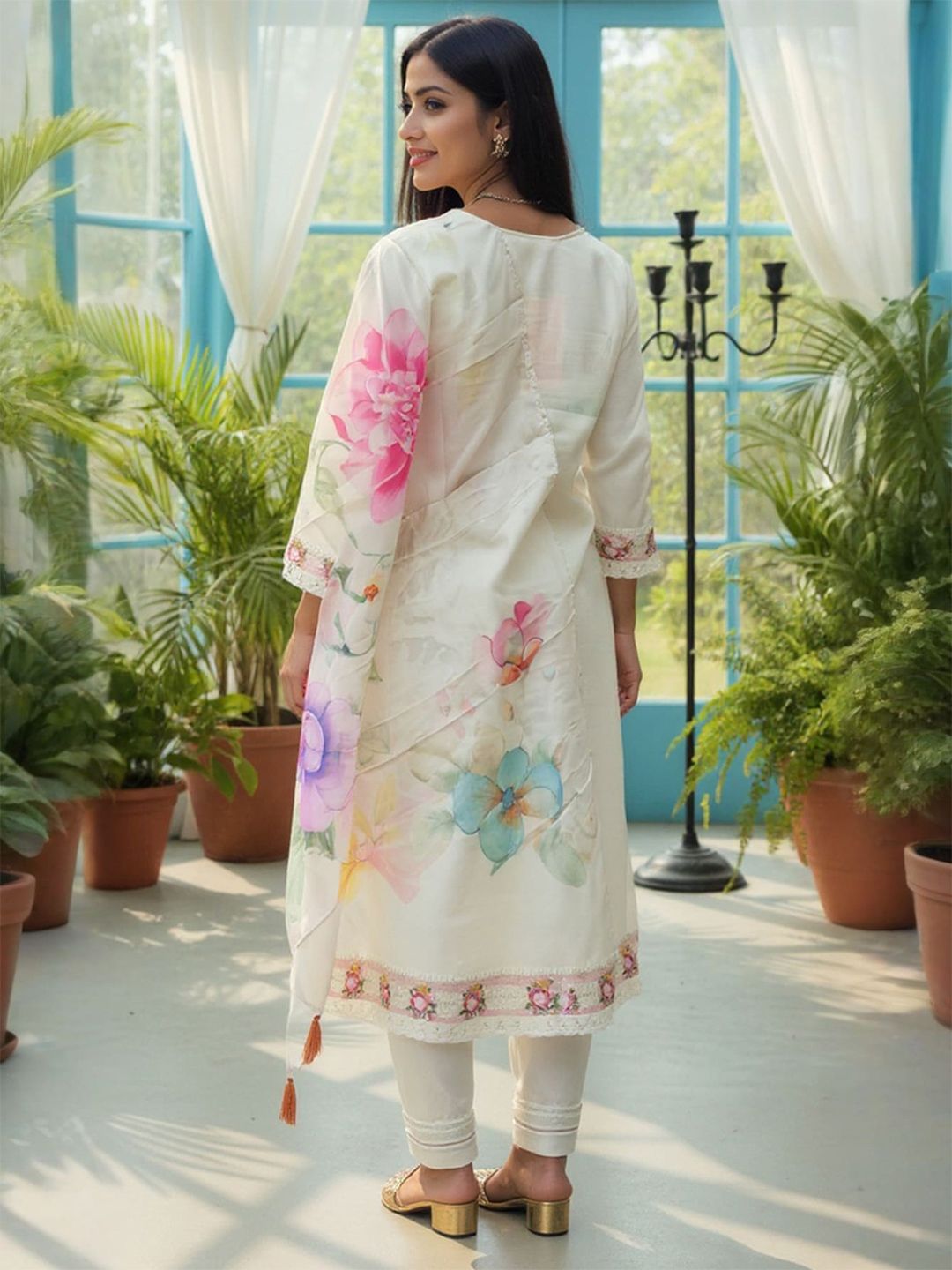 Women Floral Embroidered Thread Work Kurta with Trousers & Dupatta Kurta Sets