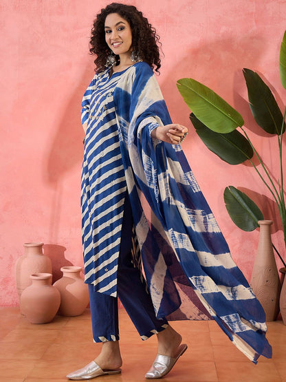 Dhiyona SN Women's Striped Notch Neck Sequinned Pure Cotton Straight Kurta With Trouser & Dupatta