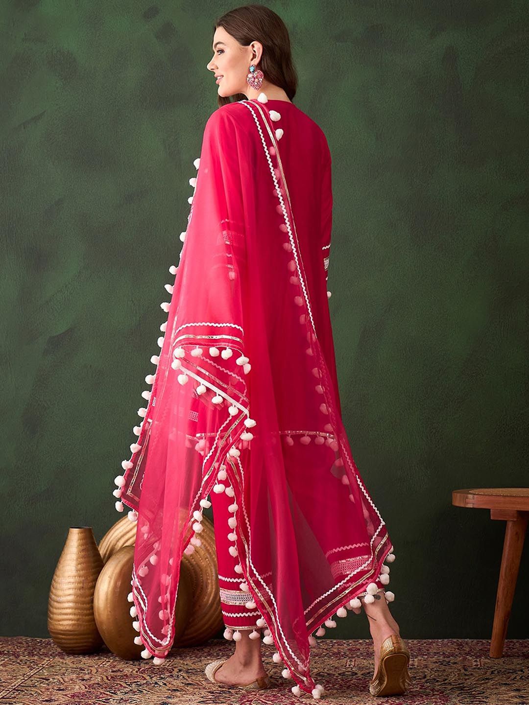 Dhiyona SN Women's Pink Floral Embroidered Mirror Work A-Line Kurta With Trousers & Dupatta