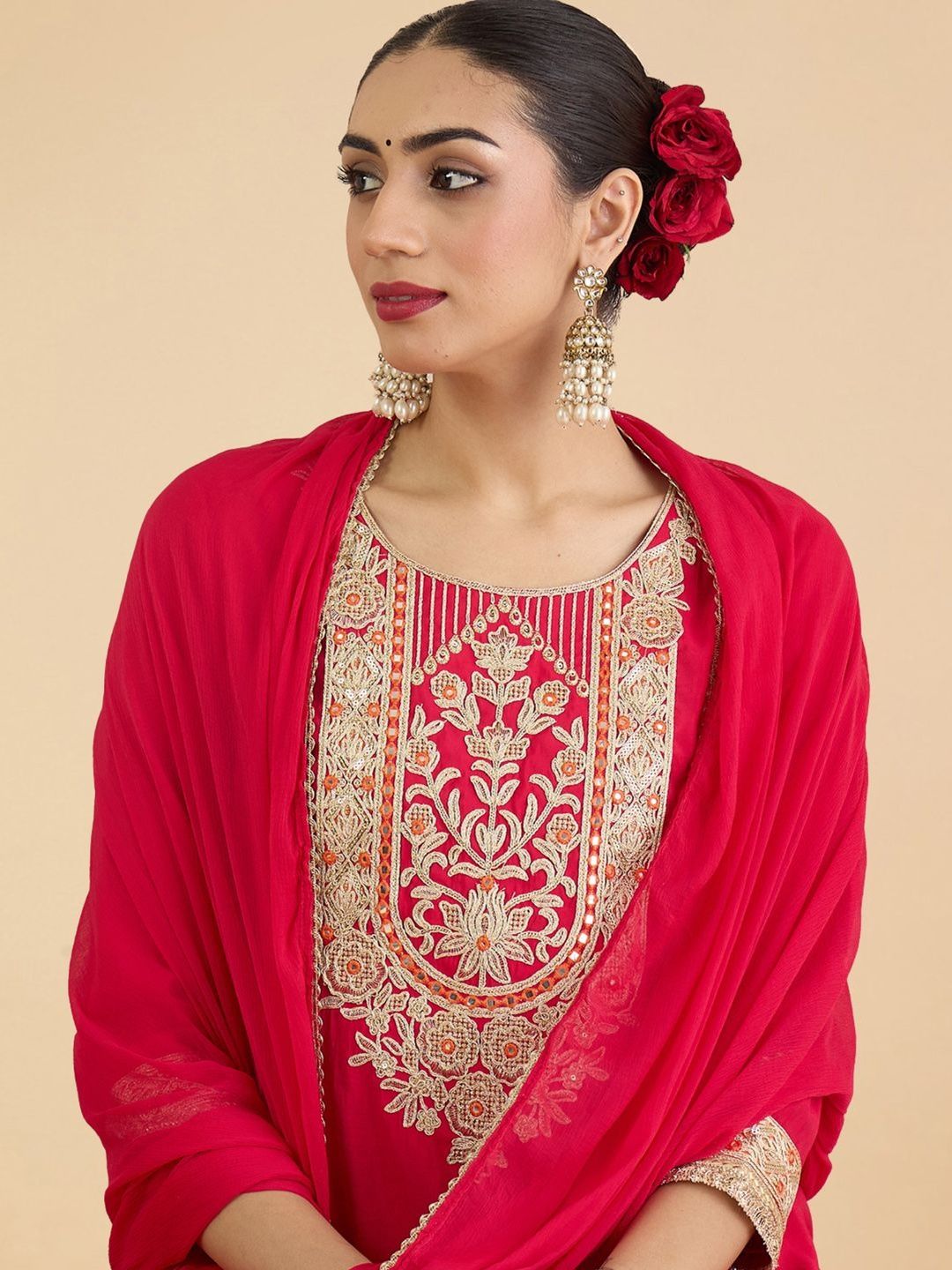 Dhiyona IE Women Ethnic Motifs Embroidered Regular Thread Work Kurta with Trousers & With Dupatta