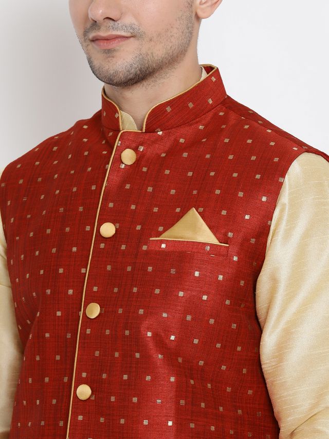 Men's Gold Silk Blend Straight Jacket  Kurta and Dhoti Set