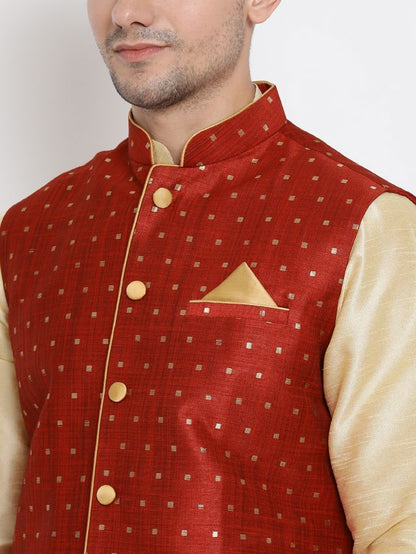 Men's Gold Silk Blend Straight Jacket  Kurta and Dhoti Set