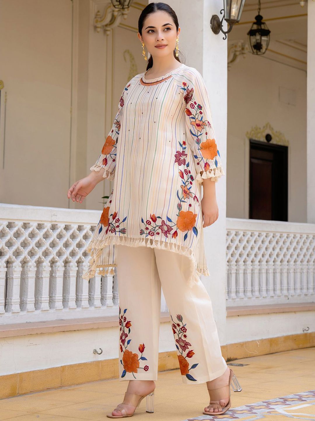 Dhiyona IE Floral Embroidered Round Neck A-Line Pure Cotton Kurta With Palazzos