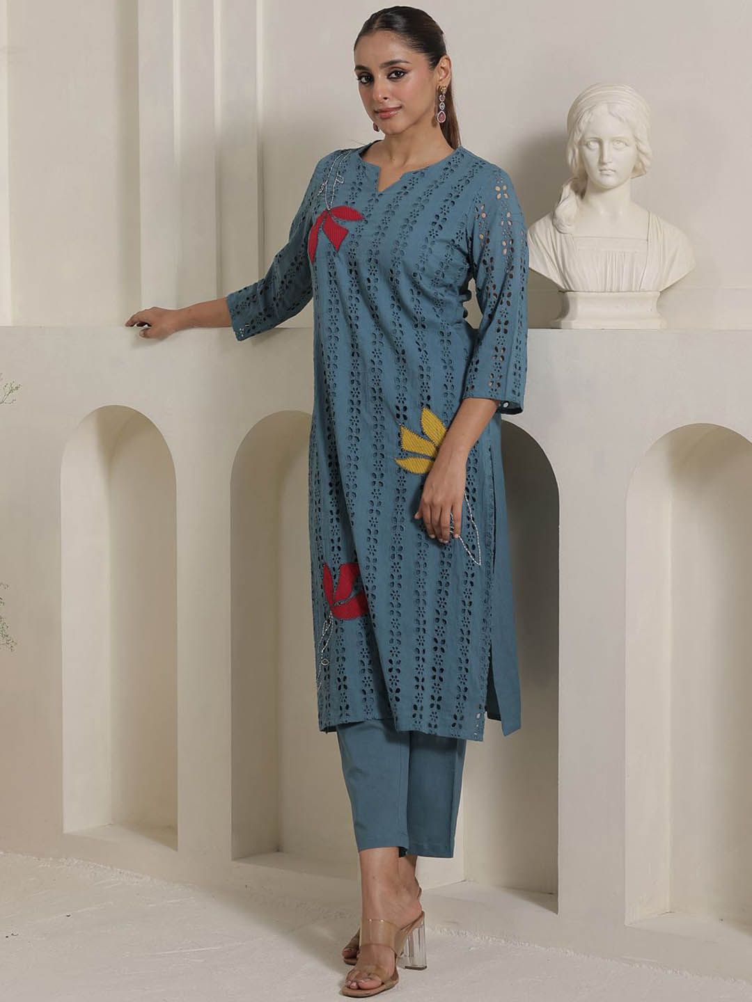 Women Embroidered Pure Cotton Kurta With Trouser