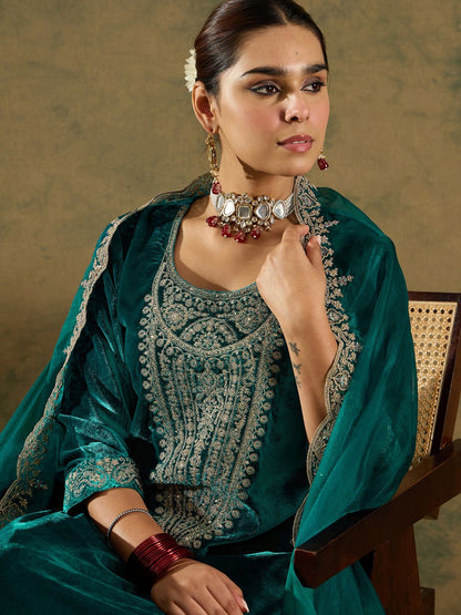 Floral Yoke Design Sequinned Velvet Straight Kurta With Trousers & Dupatta