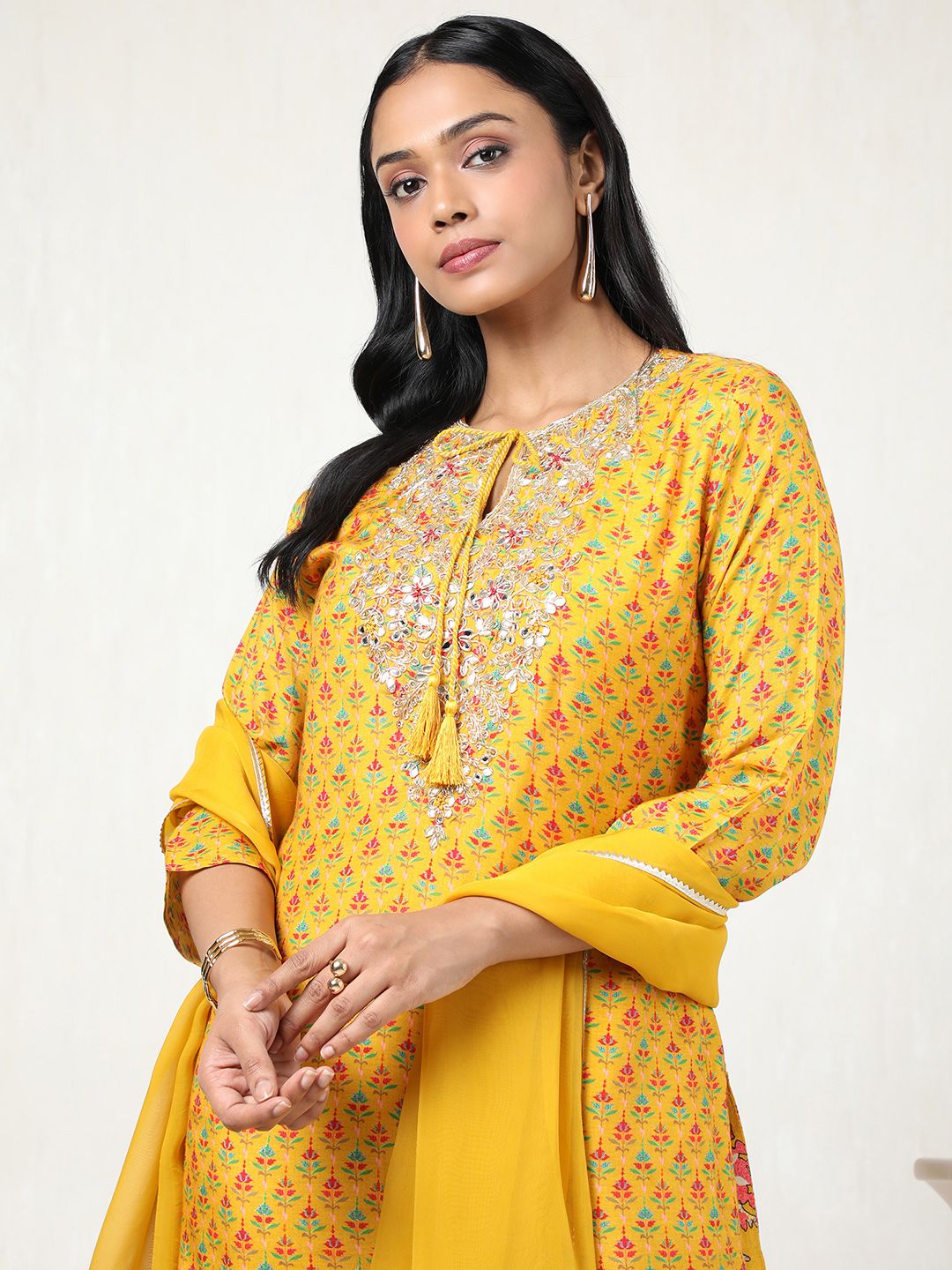 Dhiyona SO Women's Women Floral Printed Angrakha Mirror Work Kurta with Sharara & With Dupatta