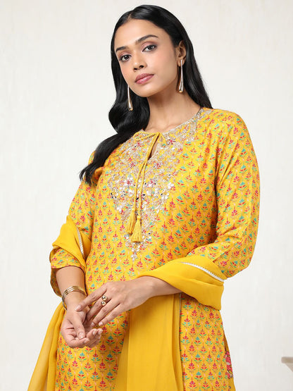 Dhiyona SO Women's Women Floral Printed Angrakha Mirror Work Kurta with Sharara & With Dupatta