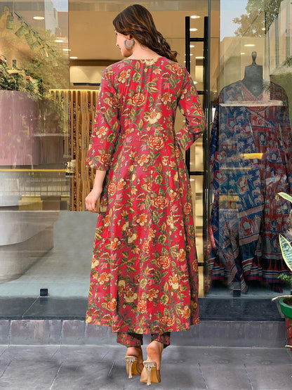 Dhiyona KL Women Floral Printed V-Neck Anarkali Kurta With Palazzos & Dupatta