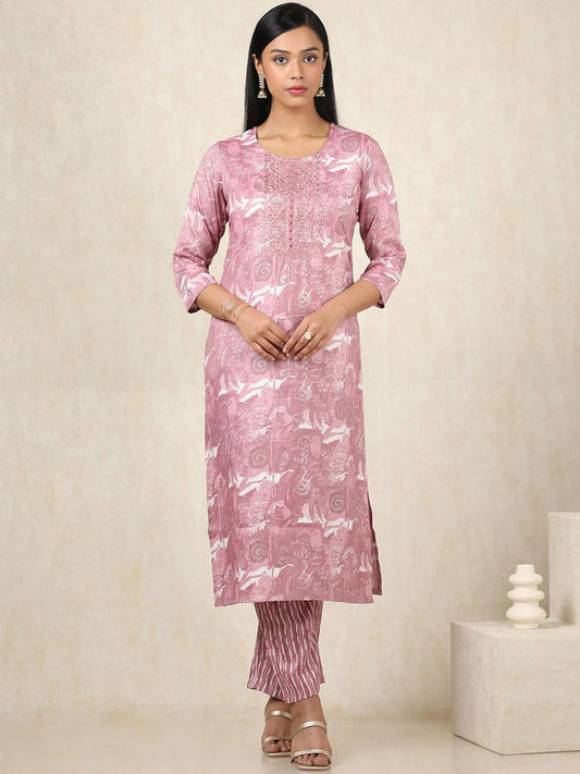 Dhiyona SO Women's Floral Printed Sequinned Straight Kurta With Trousers