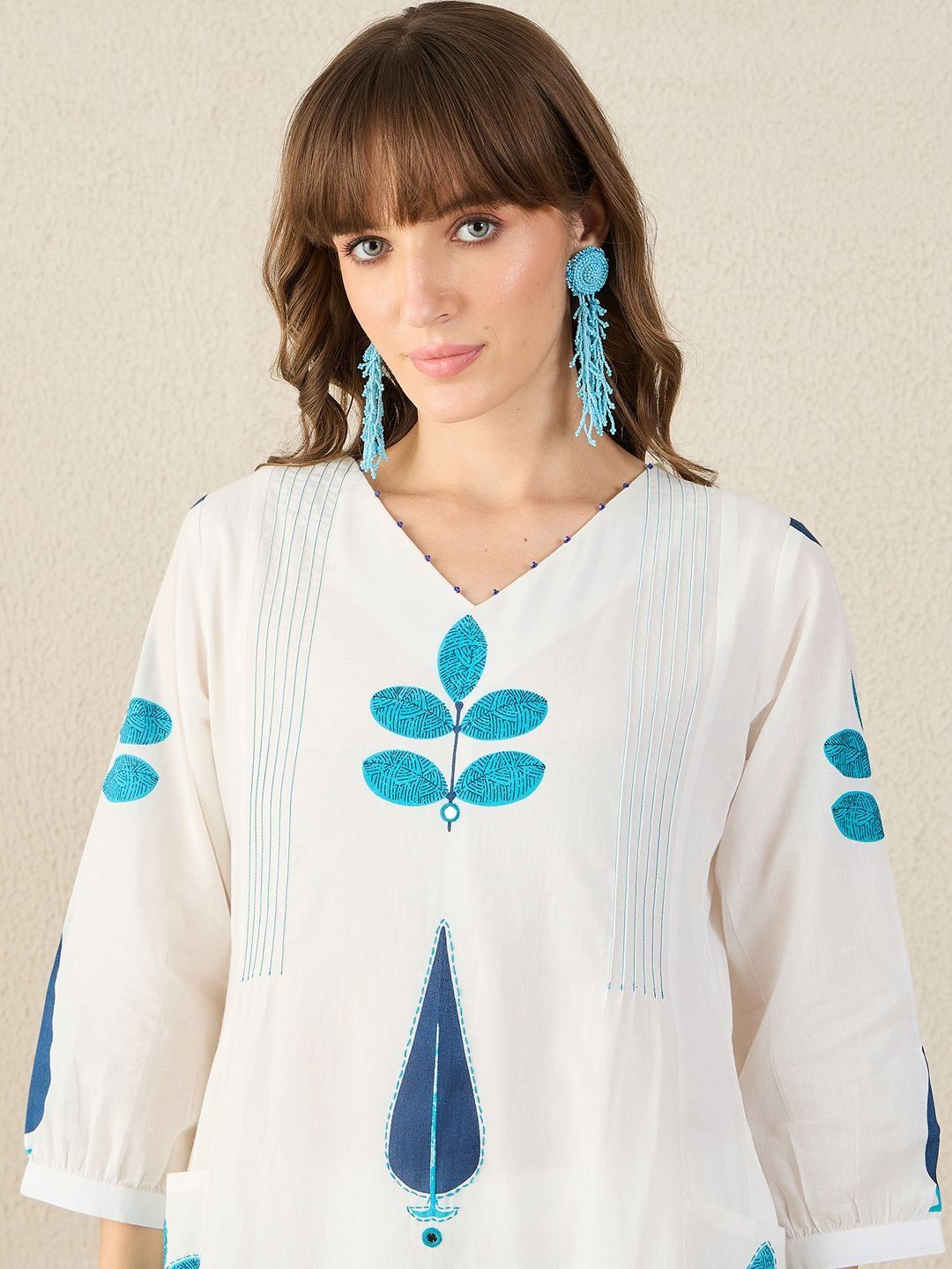 Floral Printed Panelled V-Neck Mirror Work A-Line Pure Cotton Kurta with Palazzos