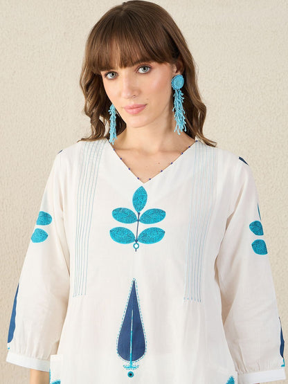 Floral Printed Panelled V-Neck Mirror Work A-Line Pure Cotton Kurta with Palazzos