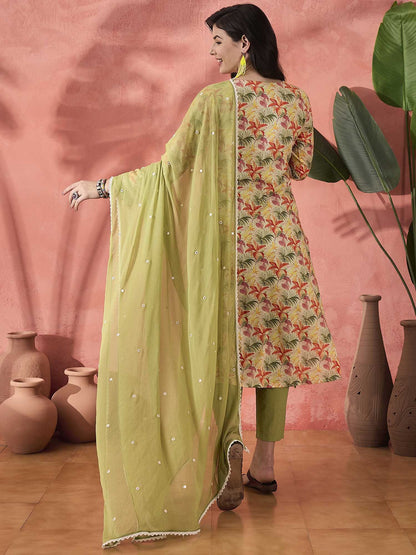 Dhiyona SN Women's Green Floral Printed Round Neck Pure Cotton Kurta With Trousers & Dupatta