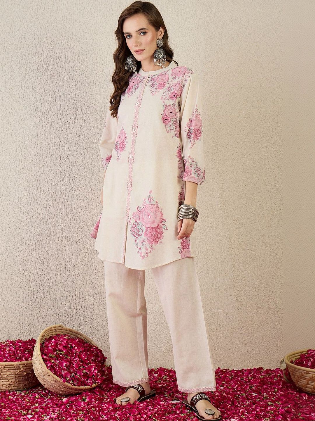 Women Floral Printed Regular Mirror Work Pure Cotton Kurta with Trousers