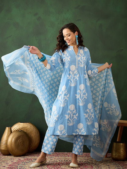 Dhiyona SN Women's Blue Floral Printed Mandarin Collar Pure Cotton Kurta With Trouser & Dupatta