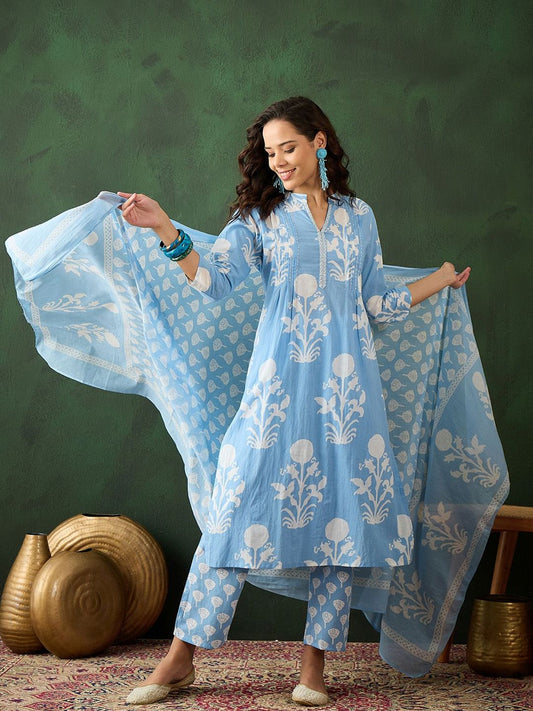 Dhiyona SN Women's Blue Floral Printed Mandarin Collar Pure Cotton Kurta With Trouser & Dupatta