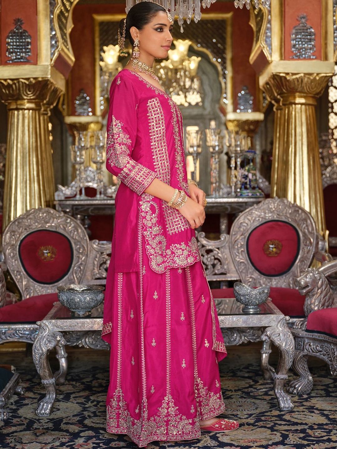 Dhiyona IE Women Ethnic Motifs Embroidered Thread Work Kurta with Sharara & Dupatta