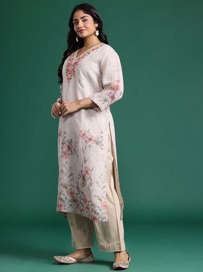 Floral Print Thread Work Linen Kurta with Trousers & Dupatta