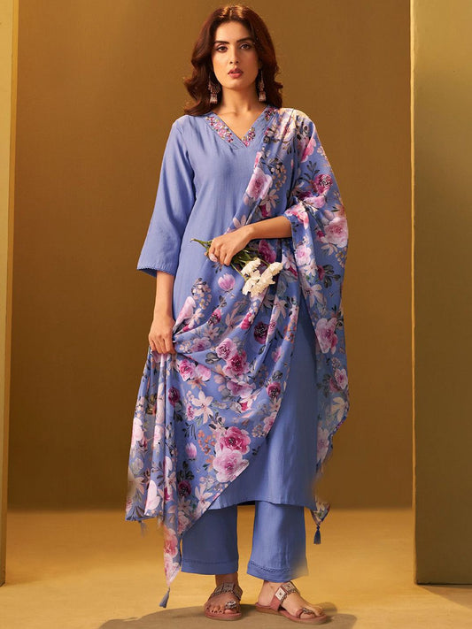 Floral Regular Thread Work Kurta With Trousers & Dupatta