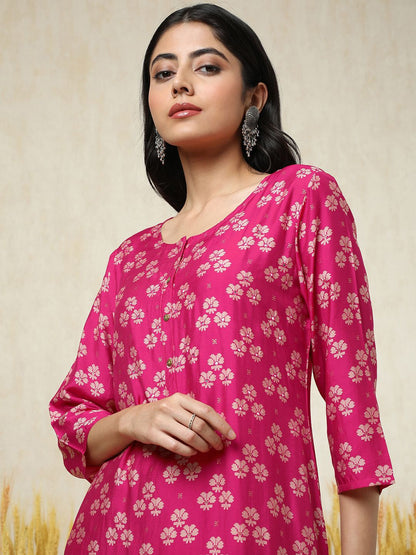 Dhiyona SO Women's Floral Printed Mirror Work Straight Kurta With Palazzos