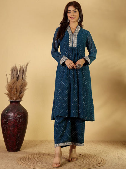 Dhiyona PD Women Floral Yoke Design V-Neck Straight Kurta With Trousers And Dupatta