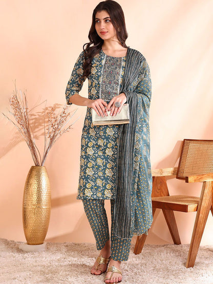 Dhiyona OD  Printed Mirror Work Pure Cotton Kurta With Trousers & Dupatta