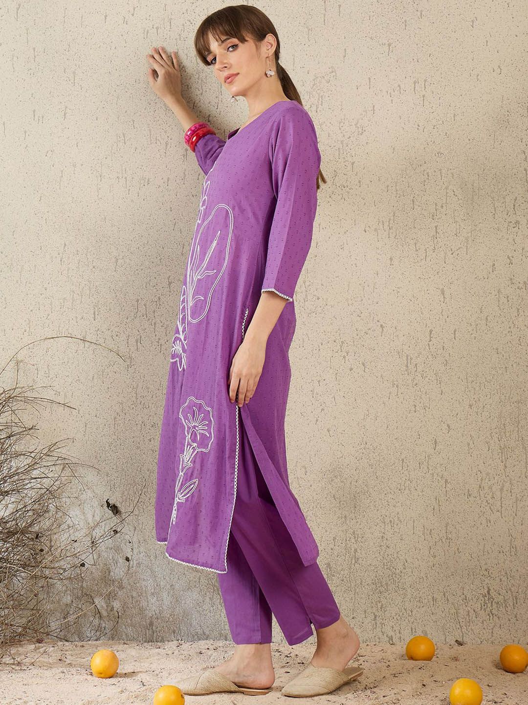 Floral Embroidered V-Neck Straight Thread Work Pure Cotton Kurta With Trouser