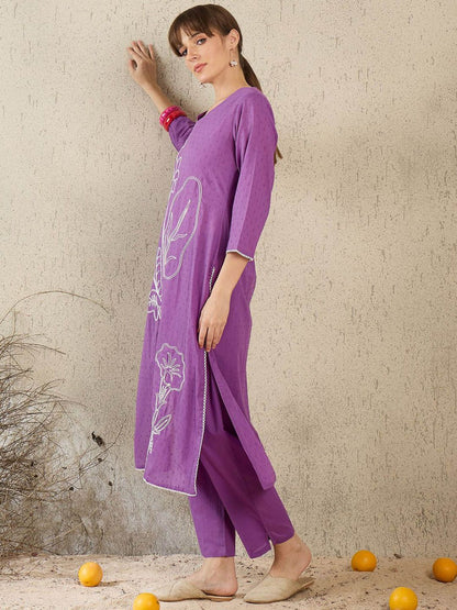 Floral Embroidered V-Neck Straight Thread Work Pure Cotton Kurta With Trouser