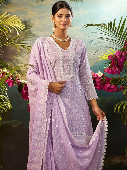 Women Ethnic Motifs Embroidered Cotton Kurta with Trousers & Dupatta