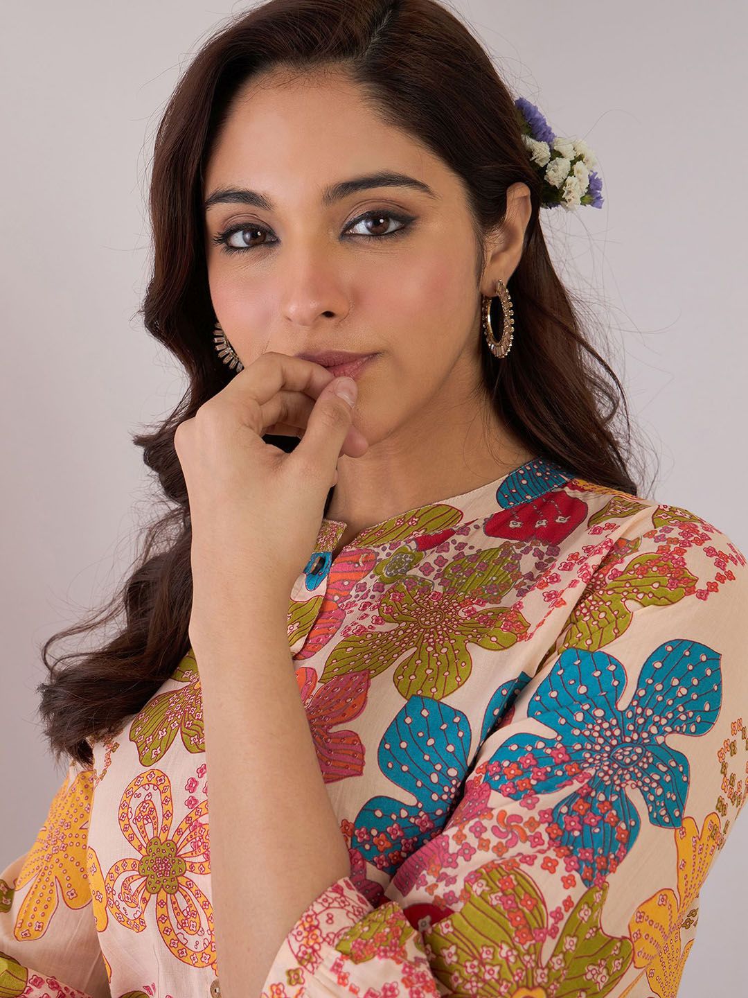 Dhiyona IE Floral Printed Mandarin Collar Pure Cotton A-Line Tunic With Trouser