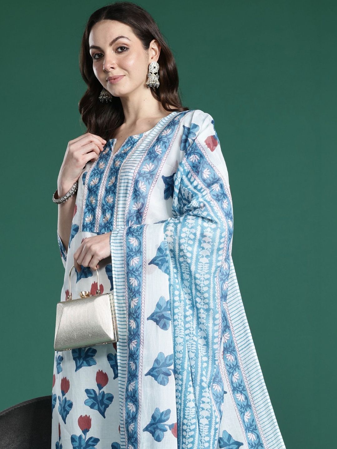 Women Floral Printed Regular Pure Cotton Kurta with Trousers & With Dupatta