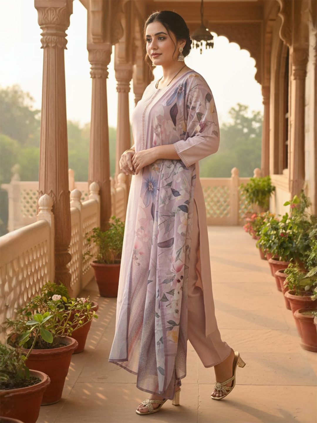 Dhiyona IE Women's Women Thread Work Straight Kurta with Trouser & Printed Dupatta