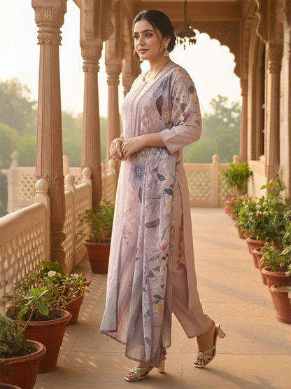Dhiyona IE Women's Women Thread Work Straight Kurta with Trouser & Printed Dupatta