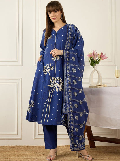 Women Floral Printed Regular Pure Cotton Kurta with Trousers & With Dupatta