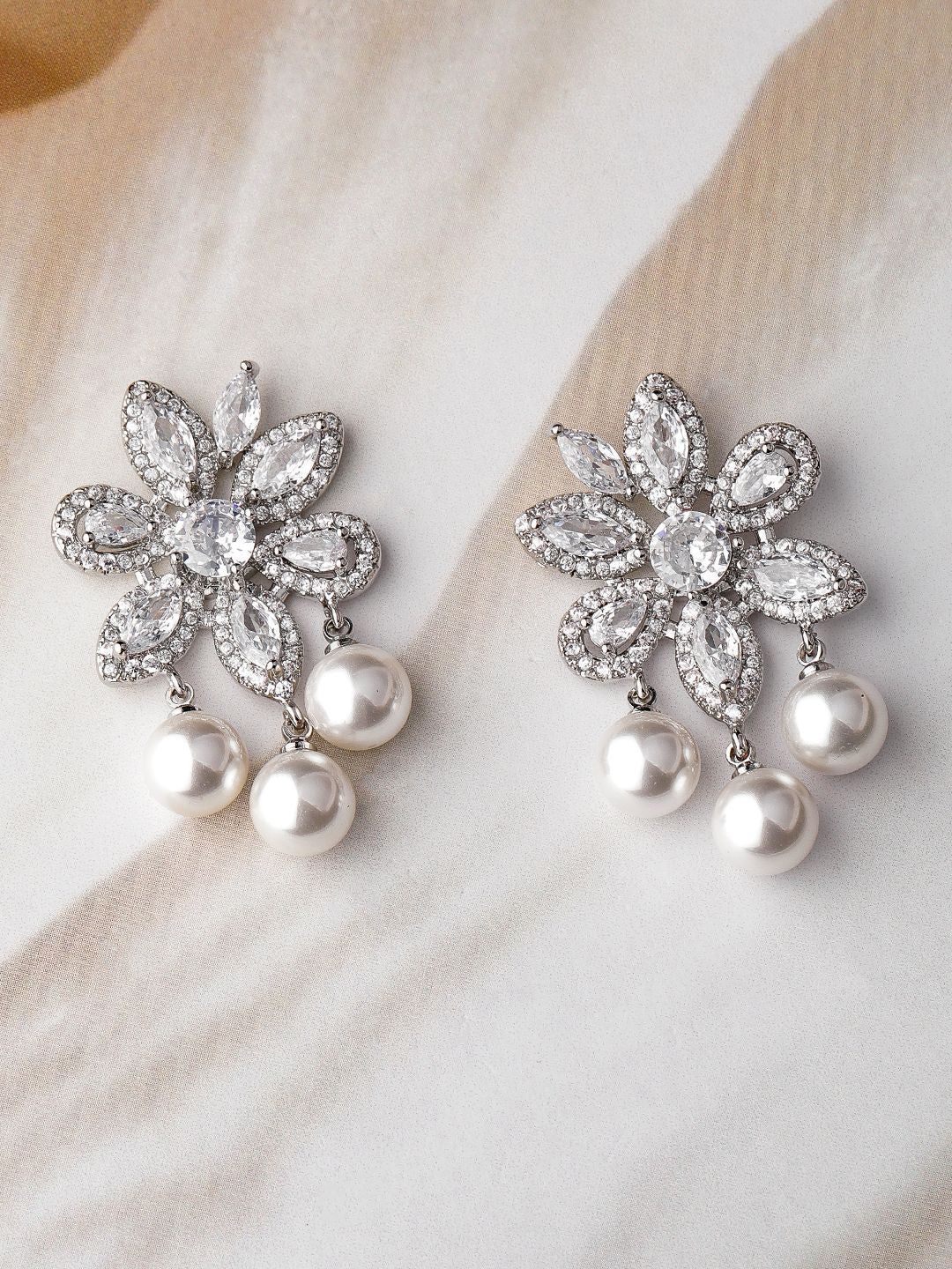 Dhiyona RJ Women's Premium Rhodium-Plated Cubic Zirconia Studded & Pearls Beaded Drop Earrings