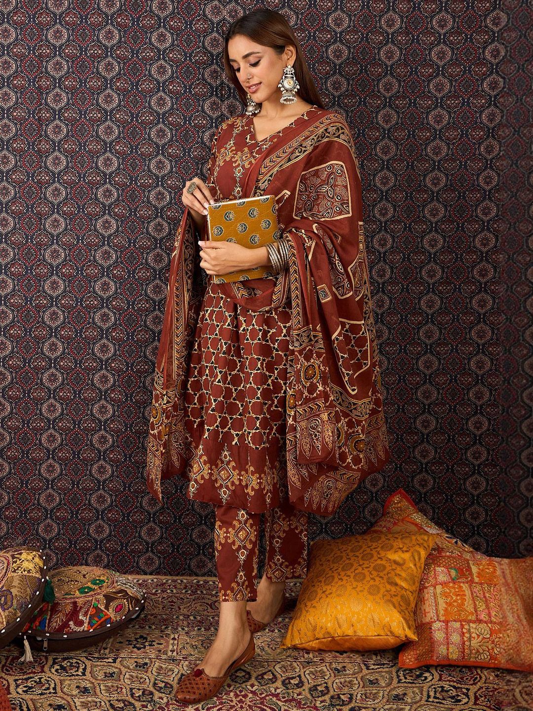 Women Ethnic Motifs Printed Regular Pure Cotton Kurta Trousers With Dupatta