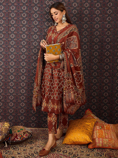 Women Ethnic Motifs Printed Regular Pure Cotton Kurta Trousers With Dupatta