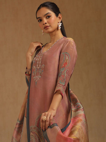 Dhiyona SO Women's Floral Printed V-Neck Beads And Stones Straight Kurta With Trousers And Dupatta