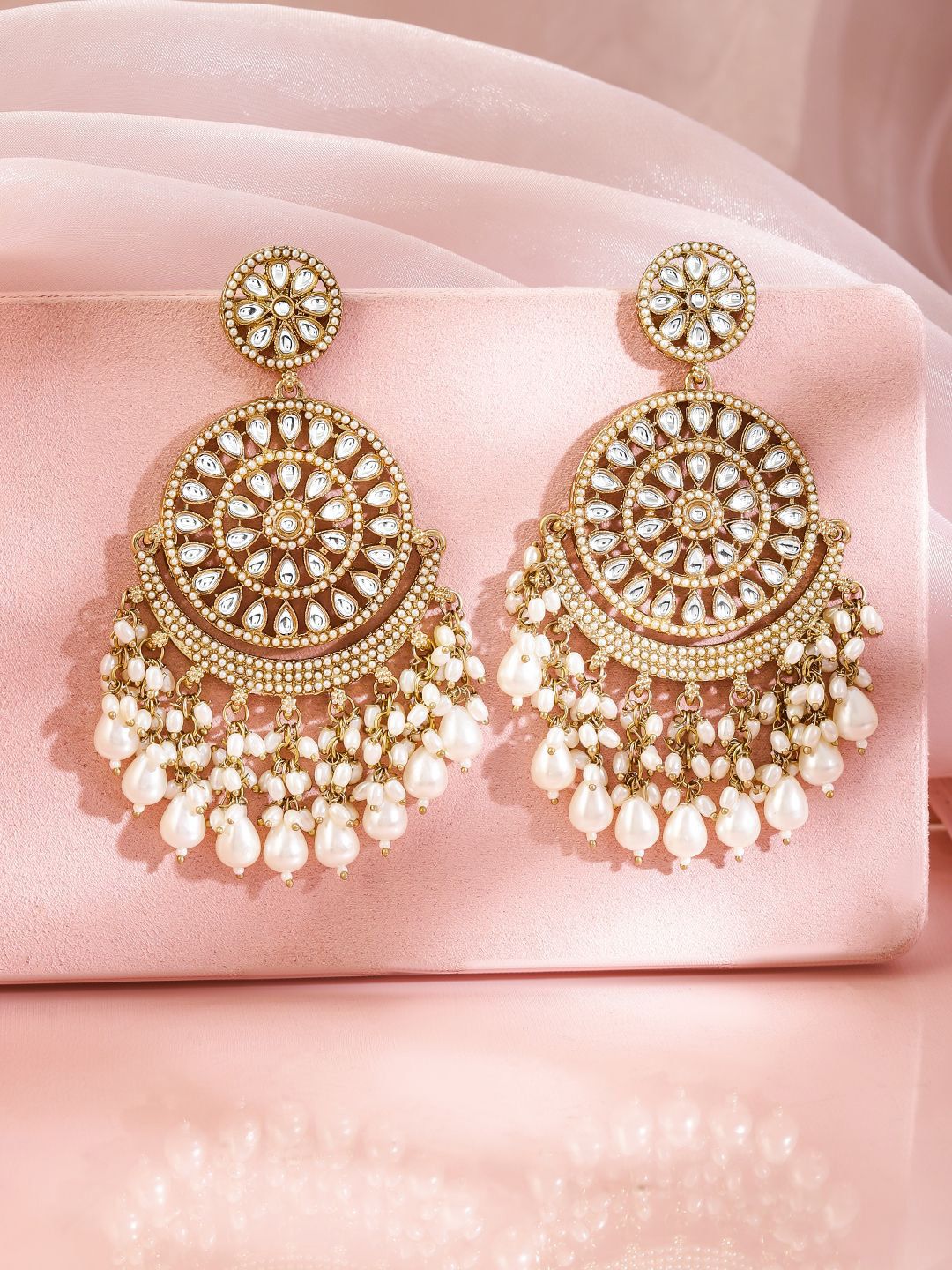 Dhiyona RJ Women's 18K Gold Plated Kundan Studed White Pearl Beaded Handcrafted Long Chandbali Earring