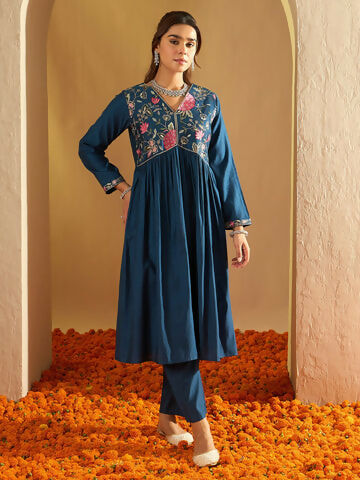 Women's Teal Embroidered A-Line Kurta Trousers Set