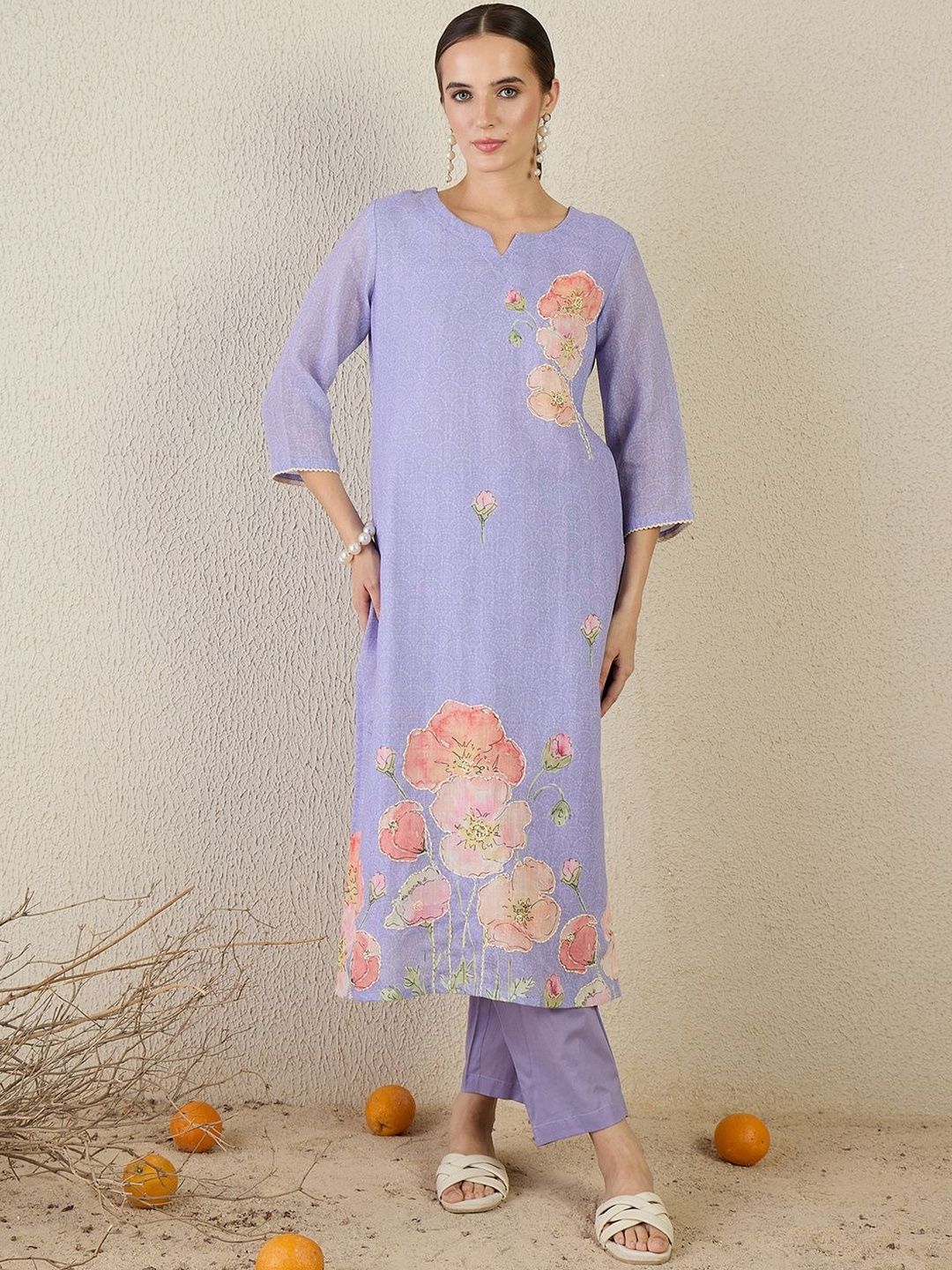 Women Floral Printed Linen Kurta with Trousers & Dupatta