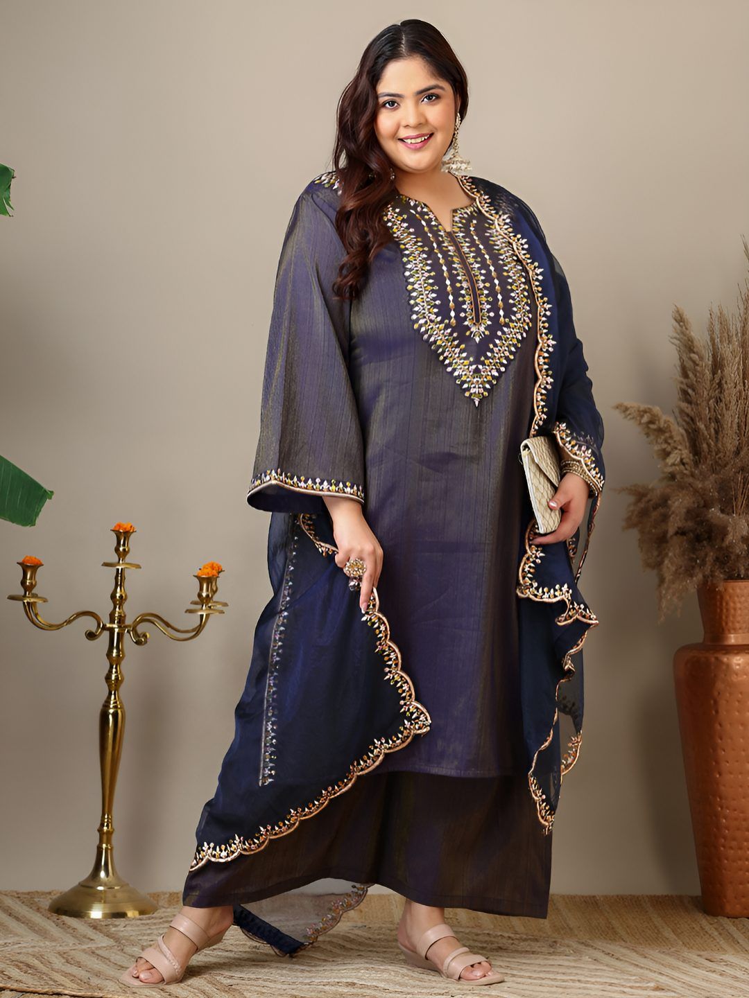 Dhiyona IN Ethnic Motifs Thread Work Straight Kurta With Palazzos & Dupatta