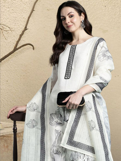 Women Floral Printed Regular Thread Work Linen Kurta with Trousers & With Dupatta