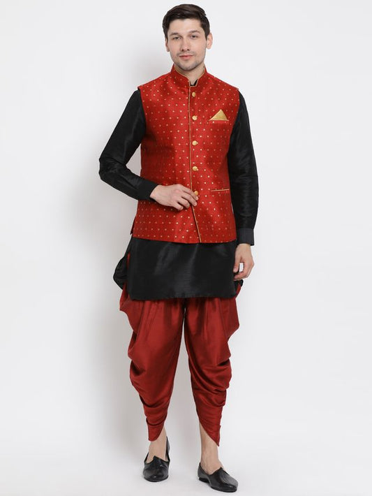 Men's Black Silk Blend Straight Jacket  Kurta and Dhoti Set