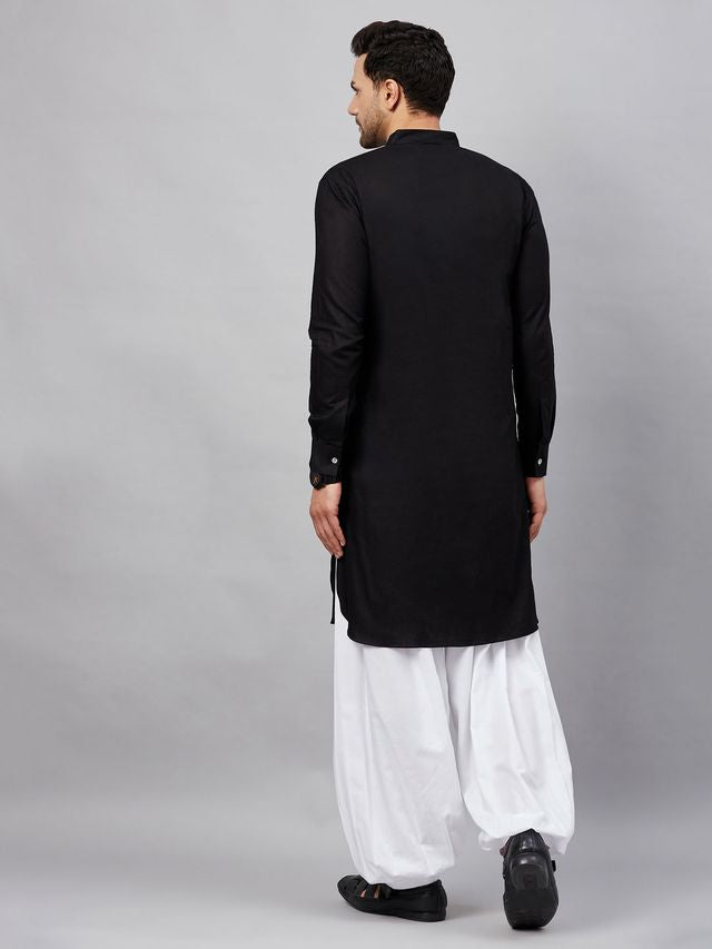 Men's Black Cotton Linen Pathani Pathani Kurta Set