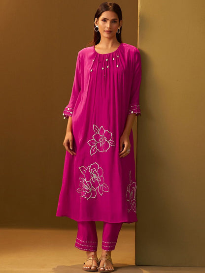 Floral Printed A-Line Mirror Work Kurta With Trouser