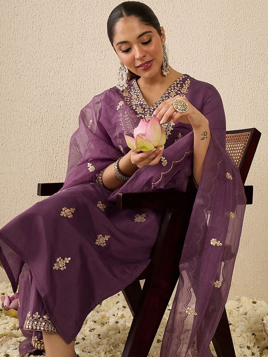 Women Embroidered Sequinned Regular Straight Kurta With Trousers & Dupatta