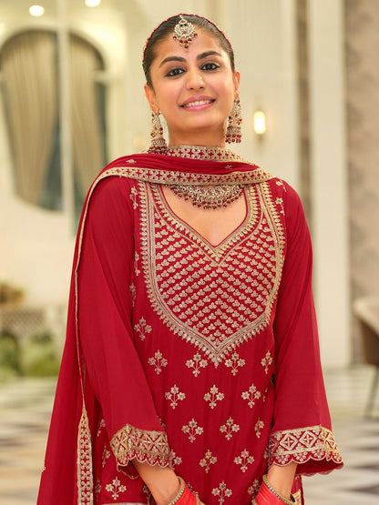 Ethnic Motifs Embroidered Kurta With Palazzos & Dupatta