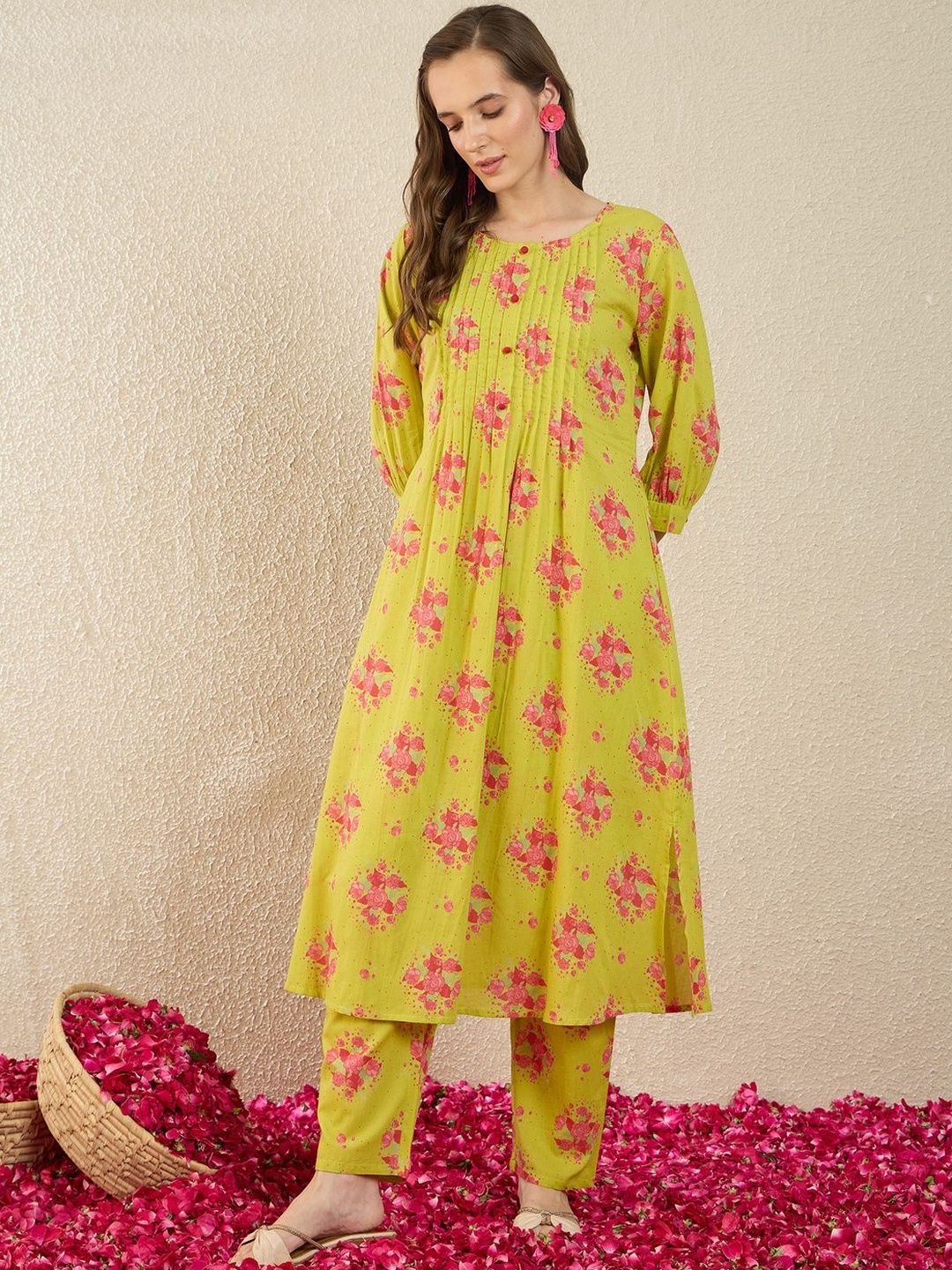 Dhiyona IE Floral Printed Pure Cotton Round-Neck A-Line Top With Trouser