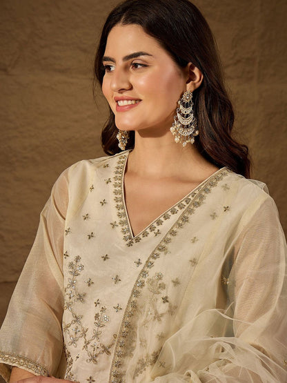 Dhiyona PD Women Floral Embroidered V-Neck Chanderi Cotton Kurta & Trousers With Dupatta