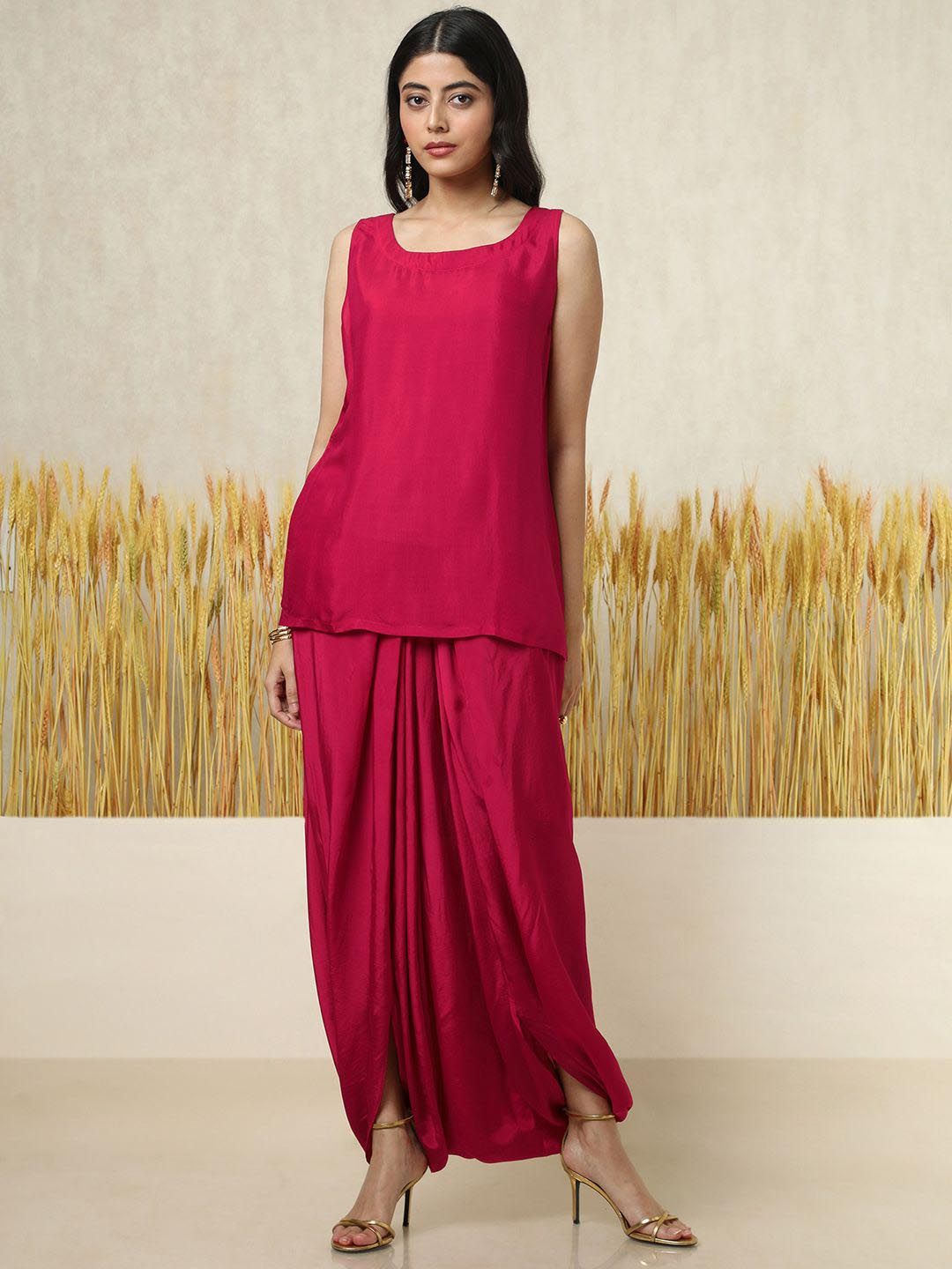 Dhiyona SO Women's Floral Yoke Design Layered Beads and Stones Top With Dhoti Pants & Inner